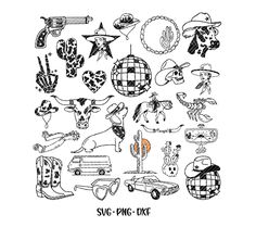 various hand drawn items and symbols in black and white, with the words susc pic - oke