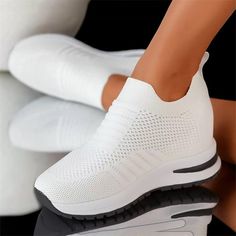 Women Breathable Mesh Fabric Height Increasing Slip On Sneakers 2024 - $31.99 Flyknit Shoes, Casual Tennis Shoes, Women's Slip Ons, Fabric Embellishment, White Shoes Sneakers, Loafers Online, Style Sportif, Sporty Casual, Knit Sneakers