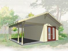 a drawing of a small garage with a porch and attached carportion for storage