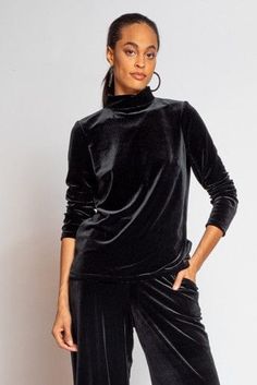 Eva Franco Top Nola Top - Black Velvet Elegant Mock Neck Top For Winter Layering, Sleek Black Mock Neck Top For Fall, Elegant Turtleneck Top For Night Out, Elegant Black Turtleneck For Fall, Fall Party Turtleneck Top, Velvet Tops For Fall Night Out, High Neck Tops For Winter Evenings, High Neck Evening Tops For Winter, Elegant Black Funnel Neck Top