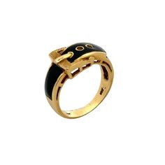 Black enamel vintage buckle band ring handcrafted in 18 karat yellow gold. The ring features a buckle band design, reminiscent of classic belt buckles. This design adds a touch of elegance and sophistication to the piece. The buckle motif symbolizes strength, security, and unity. The ring is size 4 ( can be sized or worn as a pinky ring). Weight: 4.5 grams. Gold Enamel Ring With Black Detail For Formal Occasions, Formal Yellow Gold Enamel Ring With Black Details, Formal Yellow Gold Black Enamel Ring, Formal Yellow Gold Ring With Black Enamel, Elegant Formal Enamel Ring, Luxury Gold Enamel Ring For Formal Occasions, Classic Gold Enamel Ring For Formal Occasions, Elegant Formal Jewelry With Antique Buckle, Classic Yellow Gold Enamel Ring For Formal Occasions