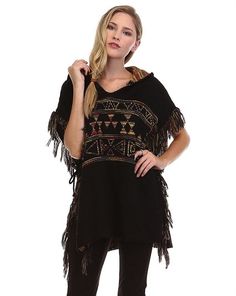 BOHEMIAN / HIPPY FRINGED PONCHO SWEATER - BLACK Black Bohemian Poncho Shawl, Casual One Size Poncho With Fringe, Casual One-size Poncho With Fringe, Hippie Poncho With Tassels, Bohemian Black Poncho For Fall, Casual Poncho With Tassels For Festivals, Casual Festival Poncho With Fringe, Fall Festival Poncho With Tassels, Long Sleeve Fringe Poncho