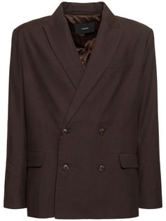 Peaked lapels. Front button closure. Button cuffs. Two front pockets. Lined. Model is wearing a sizeM Brown Notch Lapel Blazer With Double-breasted Button, Brown Double-breasted Blazer With Notch Lapel, Brown Double-breasted Blazer With Lapel Collar, Semi-formal Brown Double-breasted Blazer, Double-breasted Brown Blazer With Welt Pockets, Brown Notch Lapel Blazer With Double Button Closure, Brown Notch Lapel Blazer With Double Button, Brown Blazer With Lapel Collar And Double Button Closure, Brown Blazer With Double Button Closure And Lapel Collar