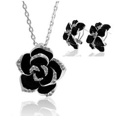 Enamel Flower Jewelry Set Rose Gold Black for Women Wedding Jewelry Black Rose Jewelry, Mode Rose, Black Painting, Crystal Jewelry Sets, Silver Jewellery Sets, Rose Jewelry, Black Pendant, Floral Necklace, Black Jewelry