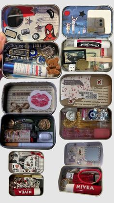 an open tin with many different items in it