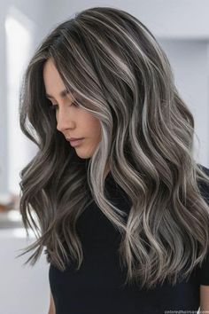 Light Blonde With Dark Lowlights, Grey Hair Highlights Brunettes, Ash Blonde With Lowlights, Grey Blending Hair, Grey Blending Highlights, Ash Blonde Highlights On Dark Hair, Ash Brown Hair Balayage, Brown Hair With Silver Highlights, Ash Blonde Hair Balayage