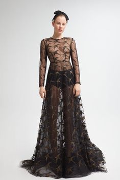 Evening A-line Dress With Sheer Sleeves, Formal A-line Dress With Illusion Neckline, Sheer Lace Floor-length Dress, Floor-length Sheer Lace Dress, Elegant Sheer Lace Evening Dress, Sheer Lace Evening Dress, Evening Lace Mesh Dress, Elegant Evening Lace Dress With Sheer Back, Sheer Lace Evening Dress For Gala