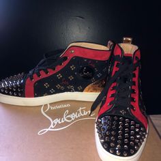 Brand New In Box Christian Louboutin Sneaker Designer Custom Sneakers With Branded Insole, Luxury Patent Leather Lace-up Sneakers, Designer High-top Lace-up Sneakers With Red Sole, Designer Lace-up Sneakers With Red Sole, Luxury Black Custom Sneakers With Perforations, Designer High-top Sneakers With Perforated Toe Box, Luxury Black Patent Leather Custom Sneakers, Luxury Studded Lace-up Sneakers, Luxury Black Custom Sneakers With Studded Outsoles