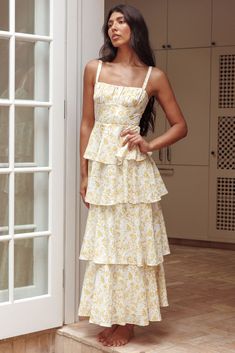 Provence Bloom Tiered Midi Dress Floral Yellow Bridgerton High Tea Outfit, White Kitten Heels, High Tea Dress, 2024 Clothes, Midi Dress Floral, White Kitten, Yellow Bridesmaids, Yellow Floral Dress, Candle Table