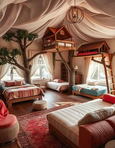 A dreamy bedroom with a variety of unique bed designs, including treehouse beds and convertible sofas (1) Unique Bed Ideas, Ethereal Aesthetic Room, Industrial Bunk Beds, Bedroom Elements, Warm Bedroom Ideas, Unique Bedroom Ideas, Unique Bed, Canopy Beds, Bunk Bed With Slide