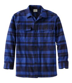 Our heaviest-weight flannel. Made of thick chamois fabric that's warmer than ordinary flannel, it's a shirt, light jacket and essential layer all in one. Designed with extra room for layering. Traditional Fit: Relaxed through the chest, sleeve and waist. Brushed 7. 5 oz. Portuguese cotton. Machine wash and dry. Unbreakable buttons. Double-stitched seams for toughness. Original angled pockets and cross-stitched buttons. Imported. | Men's Chamois Shirt, Traditional Fit, Plaid, Flannel Long Sleeve Shirt For Fall Outdoor Activities, Long Sleeve Shirt For Outdoor Activities In Fall, Winter Blue Flannel Outerwear, Winter Outdoor Shirt With Relaxed Fit, Winter Outdoor Relaxed Fit Shirt, Relaxed Fit Shirt For Outdoor Winter, Classic Blue Flannel Shirt For Winter, Winter Outdoor Flannel Shirt, Blue Shirt For Outdoor Fall Activities