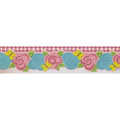 a pink and blue ribbon with flowers on it's border, in the shape of hearts