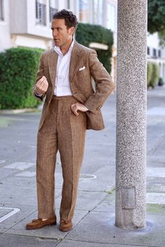 Editing Instagram: Dressing for different walks of life with @UrbanComposition – Permanent Style Brown Suit, Formal Fashion, Mens Haircut, Handmade Shirts, Linen Suits, Brown Suits, Linen Suit, Mens Formal, Summer Suits