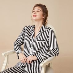 THXSILK silk pajamas can be found everywhere in the silk pajama brand, which has a valued fan base, and whether you prefer to wear silk pajamas or sleep in long johns and pants, this fan-favorite striped pajama set is the best overall. This pajama set is a highly recommended sleepwear set that has gained a lot of popularity for its lightweight feel that doesn't have that tight feeling of cotton pajamas. Experiencers of this product found the pajamas to be unbelievably soft and the cut to be very Silk Long Sleeve Sleepwear For Pajama Party, Silk Long Sleeve Sleepwear For Home, Silk Casual Sleepwear For Pajama Party, White Silk Long-sleeve Sleepwear, Casual Silk Sleepwear For Pajama Party, White Silk Long Sleeve Sleepwear, Elegant Black Sleepwear For Home, Casual Silk Sleepwear, Casual Silk Sleepwear For Loungewear