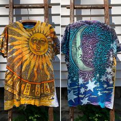 Vintage 1992 Liquid Blue Sun and Moon all over print tee in overall great condition (no major holes and spots to note). Tag is missing, fits like a modern XL 100% cotton Made in USA  Pit to pit 23.5" Length 30" PLEASE READ! *MEASUREMENTS* All items are measured while laying flat and unstretched. For clothing: chest, waist, hip and thigh measurements should be multiplied by two. All measurements are in inches. *VINTAGE CONDITION* Vintage goods may show signs of wear and age. We always indicate and/or show in pictures any major flaws or blemishes, but will not always mention small flaws, such as pinpoint sized spots or holes. If you are concerned about a particular item's condition, please message us. All of our pieces are pre-owned. We use a natural detergent to wash all our textiles when n 90s Style Short Sleeve T-shirt For Festival, 90s Style Cotton T-shirt For Festivals, Blue Crew Neck T-shirt For Festival, 90s Style Short Sleeve Festival T-shirt, Blue Cotton T-shirt For Festivals, Blue Graphic Print T-shirt For Festivals, Vintage Style Hand Dyed Short Sleeve T-shirt, Bohemian Short Sleeve T-shirt For Streetwear, Multicolor Printed T-shirt For Festivals