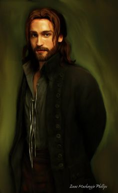 a painting of a man with long hair and beard wearing a black jacket, standing in front of a green background