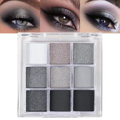 PRICES MAY VARY. 【9-Color Eyeshadow Palette】This collection includes exaggerated black and silver metallic smoky eyeshadow palettes as well as everyday nude eyeshadow palettes, whether using a single color or mixing multiple shades, the possibilities are endless. 【Professional Shades】This palette’s professionally curated shades include the perfect base, halo tints, liner shades and gorgeous pearls with ultra-smooth textures suitable for both makeup beginners and professional makeup artists. 【Cre Silver Pallete Color, Smokey Silver Eye Makeup, Gray Smokey Eye, Pallete Color, Shiny Eyeshadow, Grey Smokey Eye, Silver Eye Makeup, Glitter Eye Shadow, Grey Eyeshadow