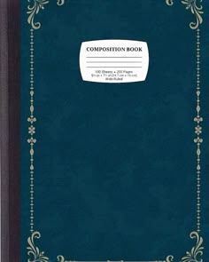 a blue composition book with an ornate border