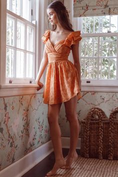 Shop the Lola Ruffle Shoulder Ruched Dress Textured Orange | Selfie Leslie Candle Queen, Perspex Heels, Orange Texture, Yellow Bridesmaids, Purple Bridesmaids, Veil Hairstyles, Textured Dress, That Dress, Surplice Neckline