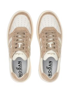 white/beige leather/canvas suede panels perforated toebox signature H logo logo patch to the side logo-debossed tongue round toe front lace-up fastening branded insole contrasting rubber sole This item is in size 6 and the color is Cream Sneakers With Embossed Logo For Streetwear, Beige Lace-up Sneakers With Embossed Logo, Cream Sneakers With Embossed Logo And Round Toe, Casual Cream Sneakers With Embossed Logo, High-top Cream Sneakers With Perforations, Custom Beige Low-top Sneakers With Textured Sole, Beige Low-top Custom Sneakers With Textured Sole, Cream Suede Sneakers With Rubber Sole, Beige Custom Sneakers With Contrast Sole