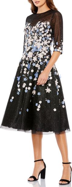 Mac Duggal Floral Appliqué Midi Cocktail Dress | Nordstrom Cocktail Dress Nordstrom, Midi Cocktail Dress, Mac Duggal, Chiffon Skirt, Floral Applique, Nordstrom Dresses, Floral Skirt, High Waisted Skirt, Bodice