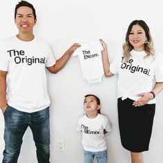 The Original The Remix The Encore® matching family set shown with pure white shirts. These amazingly soft tees are perfect for family vacations, family photo shoots, baby shower gifts, and the cutest most unique pregnancy and birth announcements! See details of quality and fit below. HOW TO PURCHASE: **Select each item you need from the drop down and add to cart** WHEN WILL MY ORDER SHIP?: * Our processing time is 7-10 business days, unless stated otherwise in the listing. This is time allotted Cheap Family Matching Onesie For Spring, Family Photos Bodysuit, White Fitted Top For Gender Reveal, Summer Pullover, Announcement Ideas, Pregnancy Announcement Shirt, Bachelorette Party Gifts, Pregnancy Birth, Family Vacations