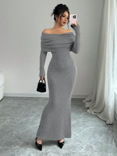 1pc Off Shoulder Fitted Fish Tail Hem Maxi Sweater Dress Grey Elegant  Long Sleeve Knitwear Plain  Medium Stretch  Women Clothing, size features are:Bust: ,Length: ,Sleeve Length: Grey Off The Shoulder Dress, Tight Long Dress Casual, Off The Shoulder Knit Dress, Styling Sweater Dress, Knitted Dress Outfit, Gray Maxi Dress, Maxi Sweater Dress, Maxi Sweater, Long Sleeve Mesh Dress