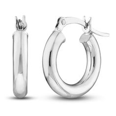 Dynamic 15mm round tubes are polished to a high shine in these classic women's hoop earrings. Fashioned in 14K white gold, the earrings secure in place with hinged backs. Classic Oval Huggie Earrings With Polished Finish, Classic White Gold Huggie Earrings, Classic Small Hoop Huggie Earrings With Polished Finish, Classic Small Hoop Earrings With Polished Finish, Small Hoop White Gold Earrings With Polished Finish, Formal Small Hoop Huggie Earrings With Shiny Finish, Elegant Round Huggie Earrings With Sterling Silver Clasp, White Gold Round Huggie Earrings With Polished Finish, Classic Silver Huggie Earrings With Shiny Finish