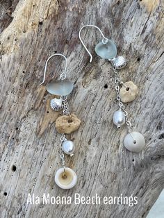 Silver Seashell Earrings, Shell-shaped Jewelry With Matching Earrings For The Beach, Ocean-inspired Sterling Silver Beach Jewelry, Unique Beach Drop Earrings, Unique Beach Style Drop Earrings, Beach Jewelry With Dangling Charms, Ocean-inspired Jewelry With Dangling Charms For Gifts, Bohemian Sea Glass Jewelry For Jewelry Making, Handmade Dangle Earrings For Beach Season