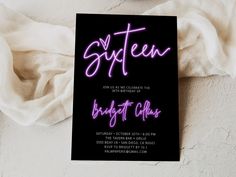 a black and purple neon birthday party card with the words glyten on it