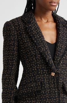 A wool-kissed blazer is shot through with shimmer and cut from fringe-finished tweed. One-button closure Notched lapels Three-quarter sleeves with one-button cuffs Chest welt pockets; front flap pockets Back vent Lined 35% wool, 27% polyester, 6% acrylic Dry clean Imported Evening Tweed Jacket, Luxury Fall Tweed Dress For Office, Luxury Tweed Dress For Fall Office Wear, Luxury Tweed Dress For Office In Fall, Luxury Tweed Blazer For Office, Luxury Tweed Dress For Workwear In Fall, Luxury Tweed Office Blazer, Elegant Fall Tweed Blazer, Elegant Tweed Blazer For Fall