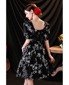 Buy black short party hoco dress aline with star patterns bubble sleeves at wholesale price online. Free shipping and pro custom service since 2009. Elegant Evening Dress With Star Print, Elegant Star Print Evening Dress, Elegant Star Print Party Dresses, Star Print Dress For Party Season, Summer Party Dress With Star Print, Star Print Evening Dresses For Party Season, Summer Party Mini Dress With Star Print, Party Mini Dress With Star Print, Black Square Neck Prom Dress