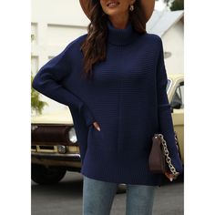 Navy Blue Turtleneck Side Split Pullover Knit Sweater Blue Long Sleeve Turtleneck For Fall, Blue Turtleneck For Winter Layering, Oversized Blue Turtleneck Sweater, Blue Oversized Turtleneck Sweater, Blue Knit Long Sleeve Turtleneck, Blue Ribbed Outerwear For Winter, Winter Blue Ribbed Outerwear, Blue Ribbed Turtleneck Sweater, Blue Ribbed Knit Outerwear