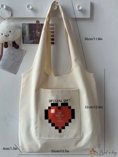 BirdinBag - Stylish Pixel Heart Pattern Canvas Tote: A Fashionable Statement Trendy Bags With Pockets As Gift, Casual Large Capacity Canvas Bag As Gift, Casual Square Shoulder Bag For Gift, Trendy Shoulder Bag With Pockets As Gift, Trendy Shoulder Bag With Pockets For Gift, Casual Bags As Gifts, Casual Bags With Pockets For Gifts, Cute Heart-shaped Shoulder Bag For Daily Use, Casual Shoulder Bag With Pockets As A Gift