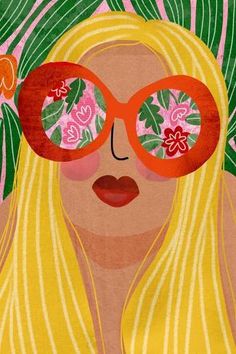 a painting of a woman with sunglasses and flowers on her head, in front of palm leaves