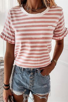 Pink Casual Striped Ruffle Sleeve Short Sleeve T-shirt Tshirt Women, Pink And White Stripes, Striped T Shirt, Casual Stripes, Keep It Simple, Shirts For Women, Womens Fashion Casual, Costumes For Women, Stripe Print