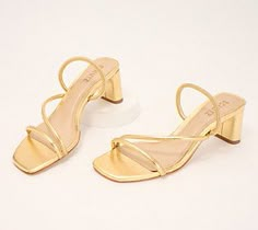 These elegant heel sandals provide your everyday outfits with a sparkle of style that will never go unnoticed. From Schutz. Golden Short Heels, Heels For Short Women, Short Heels Gold, Heels For Short Dresses, Prom Heels Short, Gold Heeled Sandals, Hoco Shoes Flats, Low Gold Heels, Gold Heels Short