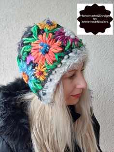 Whimsical Multicolor Hats For Gifts, Whimsical Handmade Beanie, Whimsical Handmade Beanie Hat, Handmade Whimsical Beanie Hats, Winter Embroidered Hat As Gift, Embroidered Curved Brim Winter Hat, Winter Embroidered Cap, Handmade Winter Hats One Size, Winter Embroidered Beanie Hat