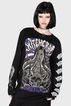 WITCHCRAFT SINS.- Soft, stretch cotton.- Statement, custom graphics on front and sleeves.- Long sleeves.- Crew neckline.- Relaxed.With KILLSTAR branding, Fabric 1: 100% Cotton Neck trim: 93% Viscose 7% Elastane.Machine wash cold (30°c) / Do not bleach / Do not tumble dry / Iron at low temperature / Do not dry clean. Imported. Fall Crew Neck Top With Graphic Design, Edgy Cotton Tops For Halloween, Fitted Band Merch Tops With Front Print, Long Sleeve Grunge Graphic Top, Grunge Long Sleeve Graphic Top, Grunge Graphic Design Tops For Fall, Edgy Long Sleeve Graphic Sweatshirt, Band Merch Long Sleeve Tops With Graphic Print, Alternative Crew Neck Tops With Front Print