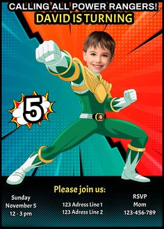 the power rangers birthday party flyer with an image of a boy in green and yellow