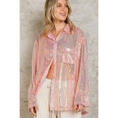 Life's a Party Sequin Button-Up Shirt in Peach Blush Our most popular sequin top now comes in a new colorway- Peach Blush! We love the iridescent look- absolutely BEAUTIFUL! These sequin tops run very oversized, so everyone can size down 1-2 sizes from your normal top size UNLESS you want to wear it like a mini dress. Either way, you can't go wrong! Life's a party when you have a closet full of sequins. ;) Item Deets: 90% Nylon 10% Spandex Measured from a small Bust: 23" Length: 27" / 29" Size C Pink Long Sleeve Blouse For Night Out, Spring Party Shirt With Collar, Spring Party Collared Shirt, Glamorous Pink Tops For Fall, Glamorous Pink Long Sleeve Tops, Glamorous Pink Fall Tops, Casual Spring Party Shirt, Trendy Party Shirt For Spring, Trendy Button-up Party Shirt