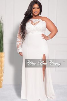 a plus size white gown with sheer sleeves and thigh high slit