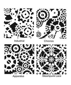 four different types of stencils in black and white, each with gears on them