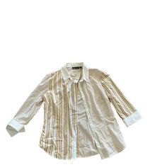 New York And Company Striped Button Down Shirt Cuffed Sleeve Size Large Nwt Yellow And White Stripes Brand New Casual Yellow Office Shirt, White Striped Collar Button-up Blouse, White Button-up Blouse With Striped Collar, Yellow Spring Office Tops, Classic Yellow Long Sleeve Blouse, Classic Long Sleeve Yellow Blouse, Yellow Summer Office Shirt, Casual Yellow Office Blouse, Trendy Yellow Collared Shirt