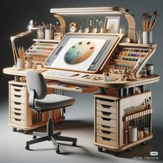 an artistic desk with lots of art supplies on it