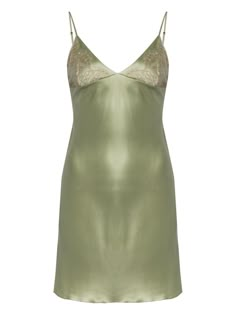 light green/beige silk satin V-neck Chantilly lace adjustable spaghetti straps slip silhouette curved hem thigh-length 50s Slip Dress, Little Green Dress, Satin Dress Aesthetic, Light Green Outfit, Light Green Mini Dress, Satin Green Dress, 20s Inspired Dress, Green Slip Dress, Scrub Corpo