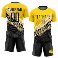 a yellow soccer jersey and shorts with the name teamname 00 printed on each side