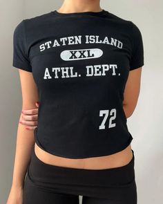 Staten Island Athl. Dept. baby tee (full length) – Bit By Angie Sporty Logo Print Crop Top For Summer, Sporty Letter Print Crop Top T-shirt, Black Slogan Crop Top T-shirt, Sporty Stretch Cropped T-shirt With Graphic Print, Sporty Black Crop Top T-shirt, Black Y2k Cropped T-shirt For Spring, Basic Stretch Cropped T-shirt For Streetwear, Casual Black Cropped T-shirt With Graphic Print, Black Cropped Top With Logo Print