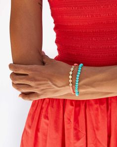 LE VIBE beaded disc bracelet She's cute And stretchy And helps Keep the vibes right Disc Bracelet, Clare V, Color Turquoise, Color Coral, Bracelet Beaded, Bracelet Collection, Product Introduction, Beaded Stretch Bracelet, Small Accessories