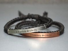 Matching Couple Bracelets, Name Anniversary Date Bracelets, His and He – timjeweler Bracelets Name, Bracelet Boyfriend, Diy Gifts For Girlfriend, Paracord Ideas, Braid Cuffs, Anniversary Couple, Matching Couple Bracelets, Handwriting Bracelet, Couple Ideas